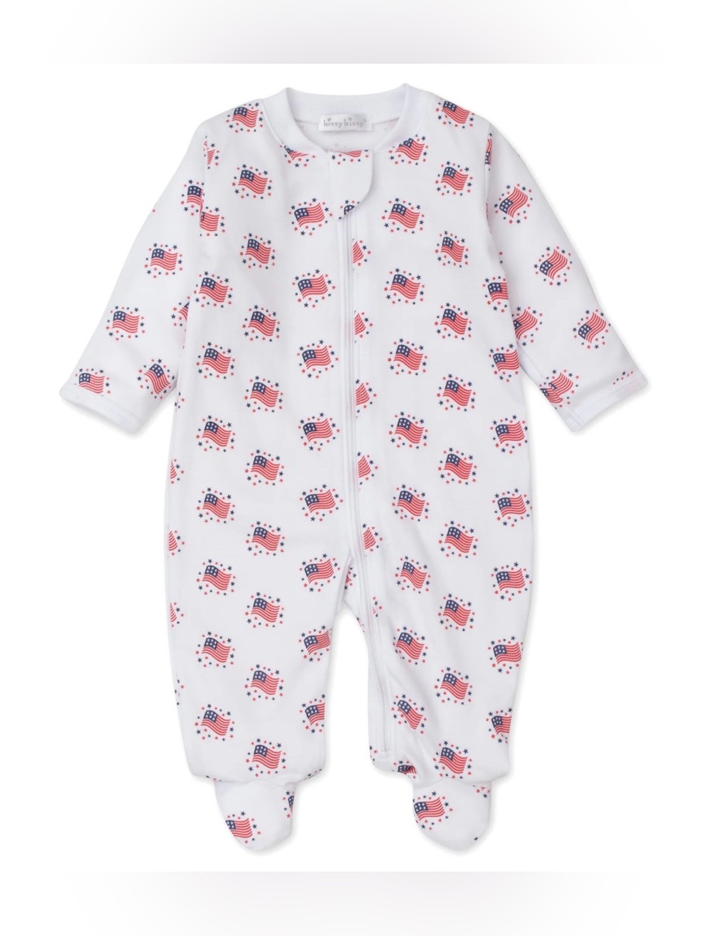 Kissy Kissy White Footie with Red & Blue Flag Print